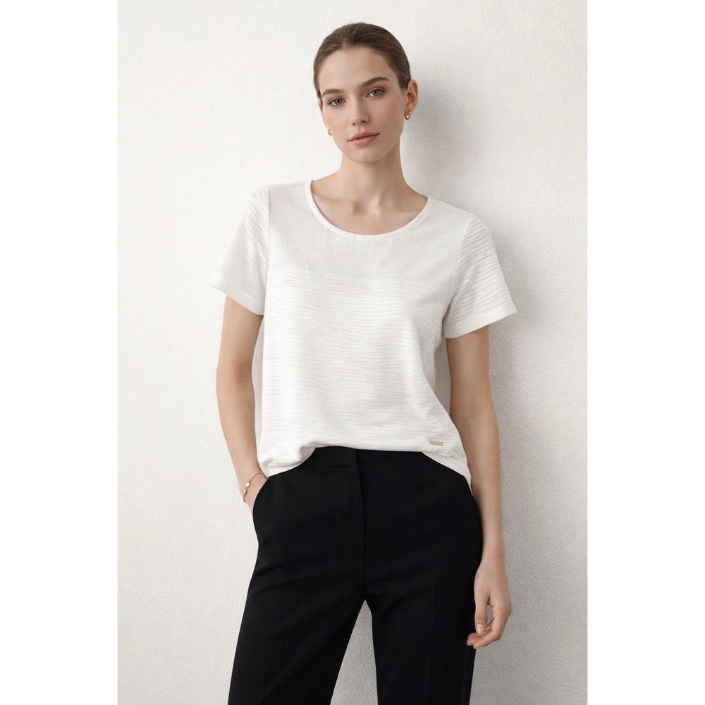 Calvin Klein Women's White Textured Stripe Tee Top Size Large Minimalist Chic